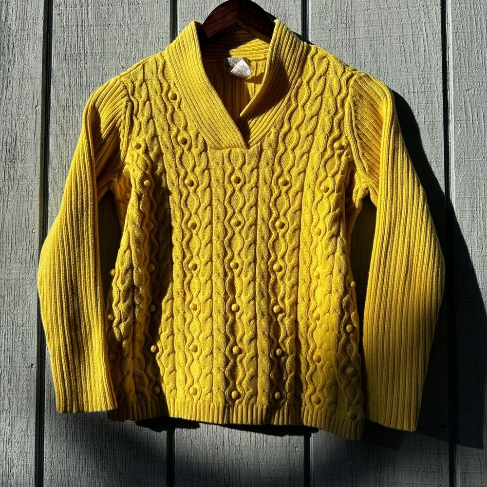 Studio Works Yellow Textured Bobble Cable Knit V Neck Sweater Casual 100% Cotton